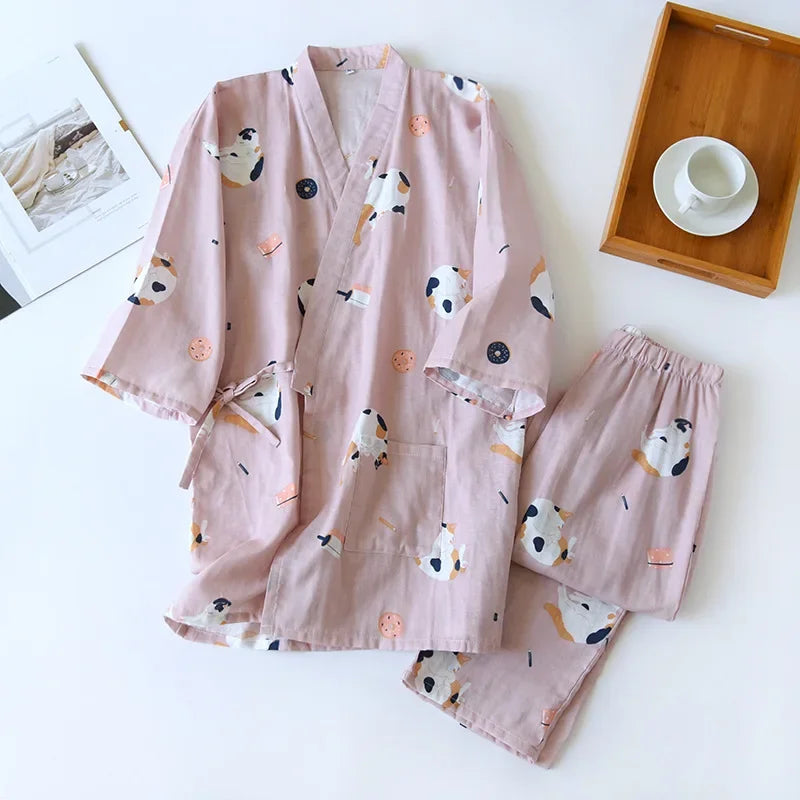Pyjama Japonais Femme Chat rose