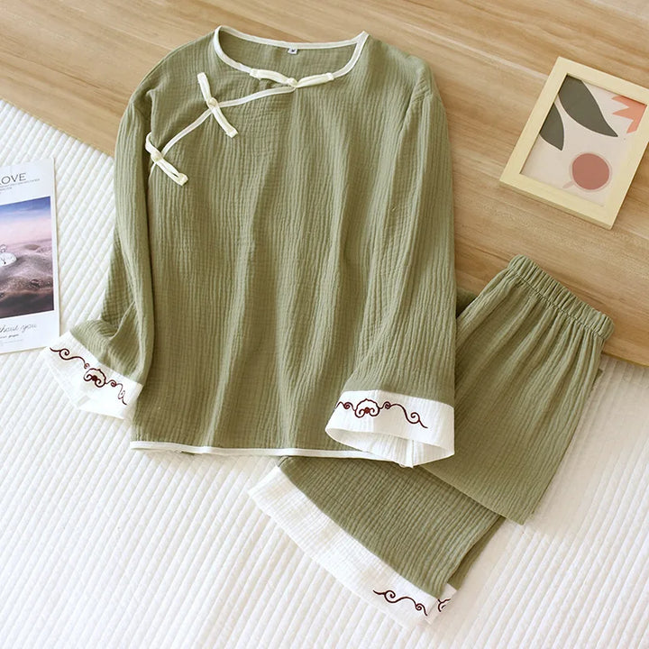 Pyjama Japonais Femme Confortable en Coton Vert