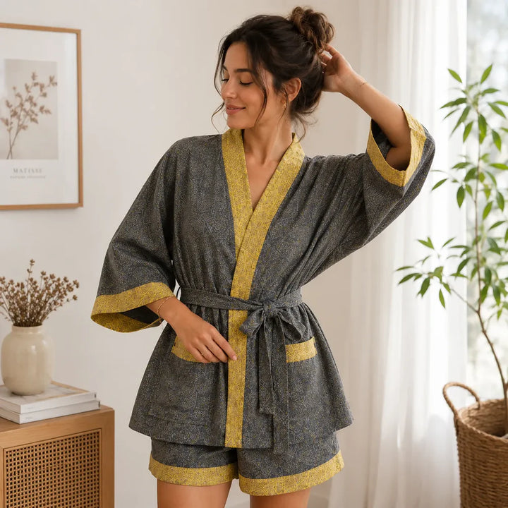 Pyjama Japonais Femme Gris Jacquard Chic