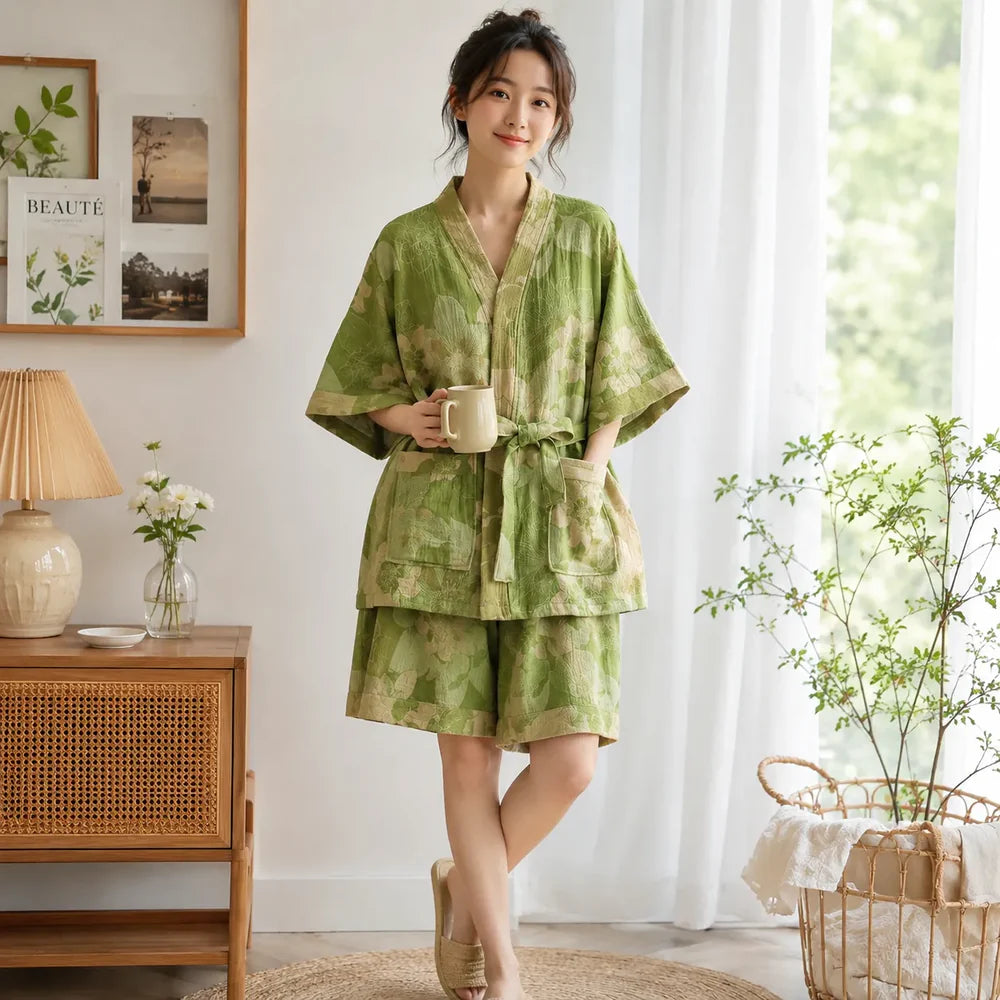 Pyjama Japonais Femme Vert Fleuri