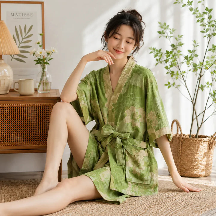 Pyjama Japonais Femme Vert Fleuri Chic