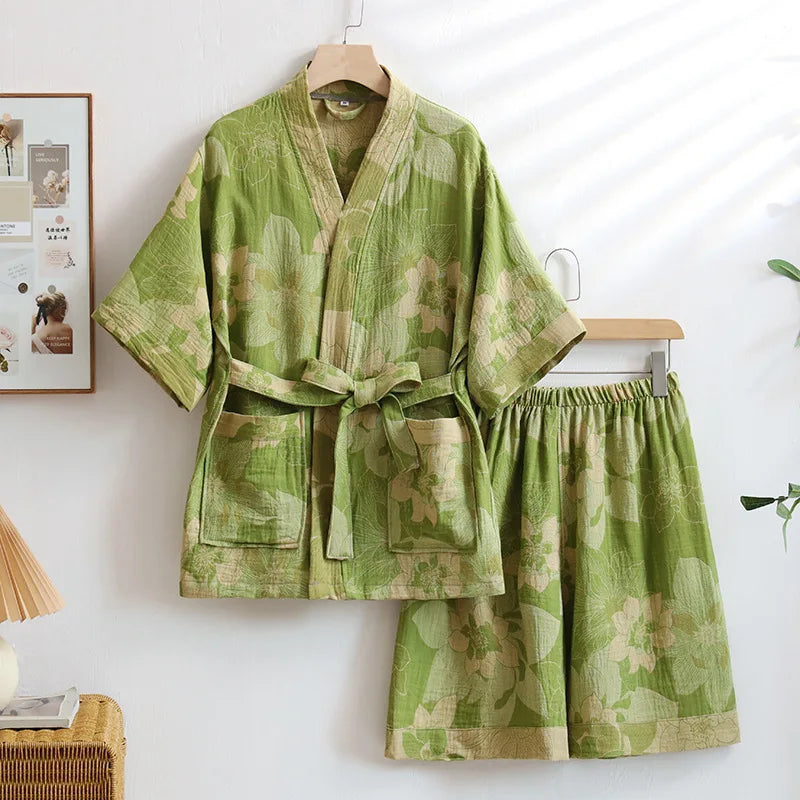 Pyjama Japonais Femme Vert Fleuri Unique