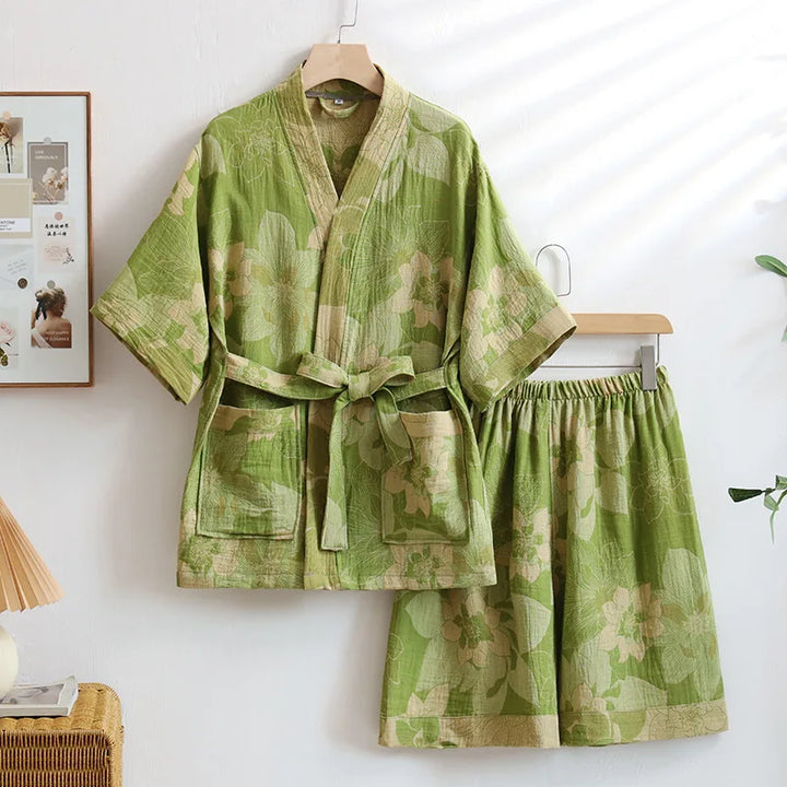 Pyjama Japonais Femme Vert Fleuri Unique