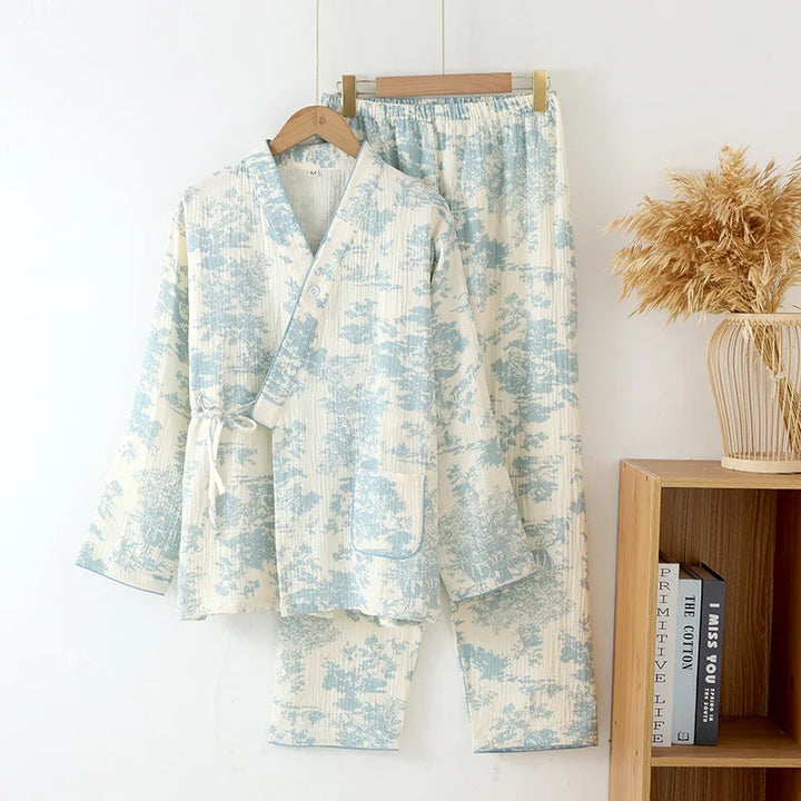 Pyjama Japonais Femme en Coton imprimé Bleu