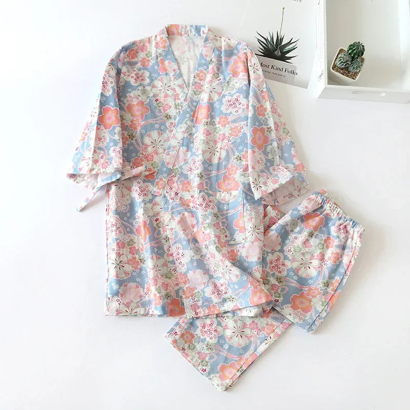 Pyjama Japonais Fleuri Bleu