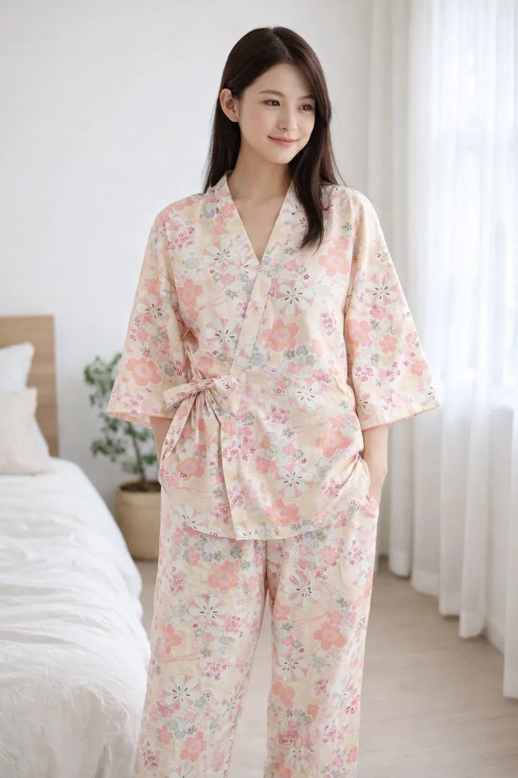 Pyjama Japonais Fleuri Rose