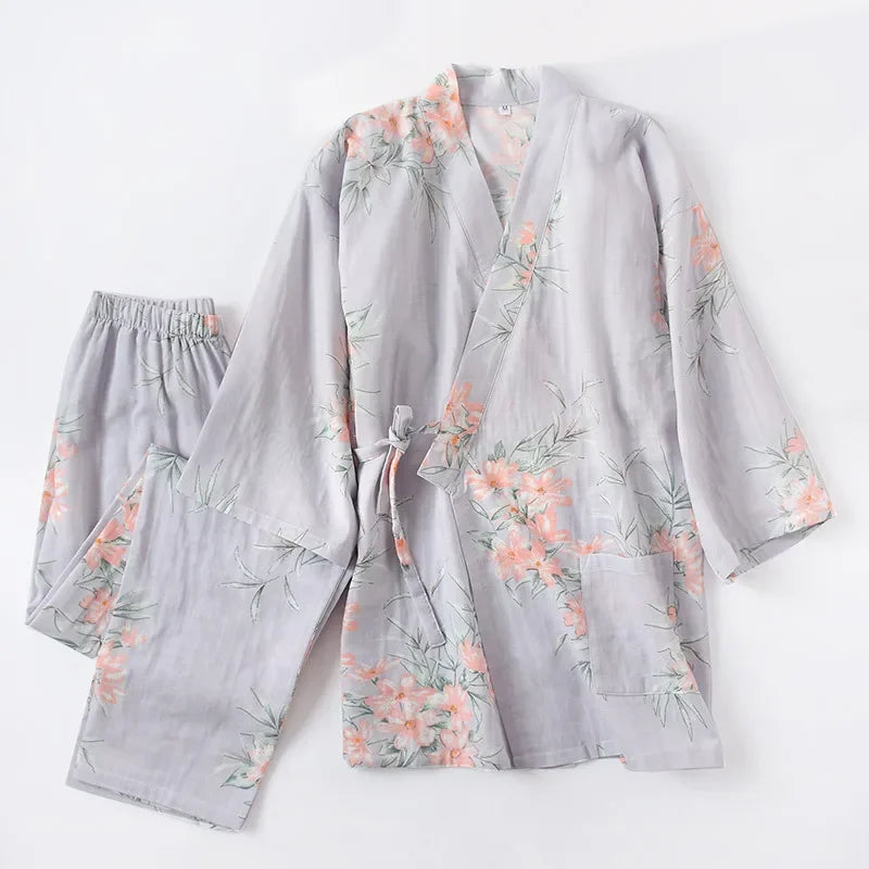 Pyjama Japonais Motif Floral Bleu