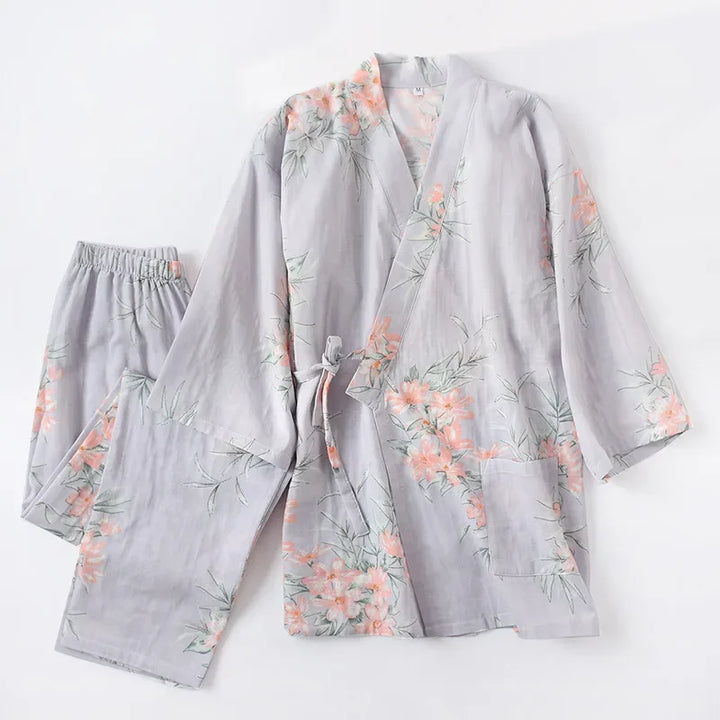 Pyjama Japonais Motif Floral Bleu