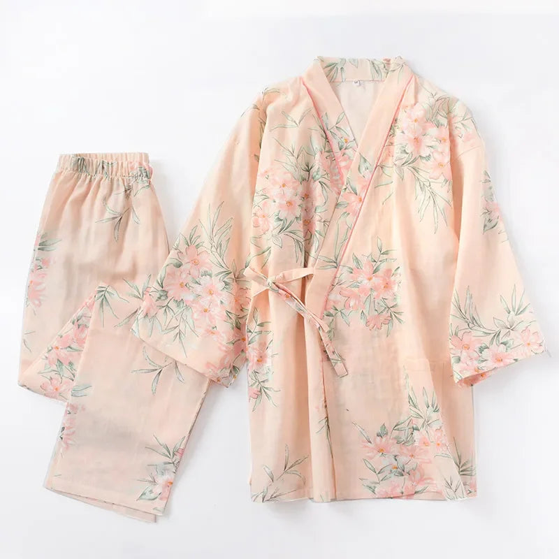Pyjama Japonais Motif Floral Orange