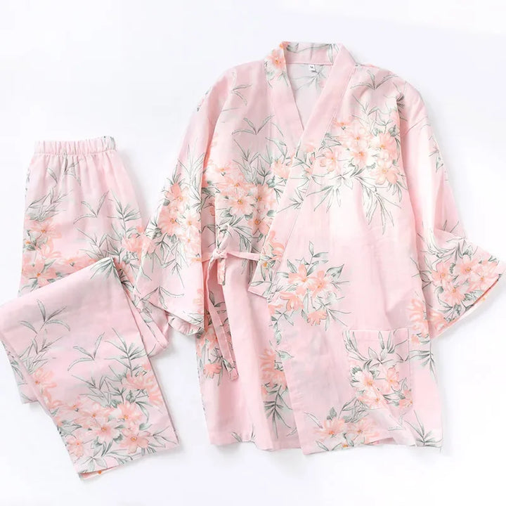 Pyjama Japonais Motif Floral Rose