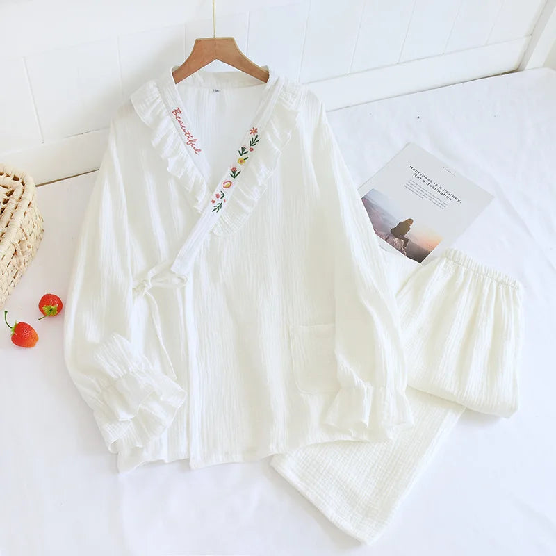 Pyjama Japonais à Volants Blanc