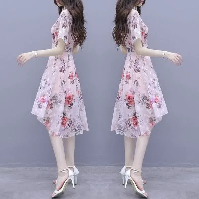 Robe Asymétrique Fleurie Japonaise Rose