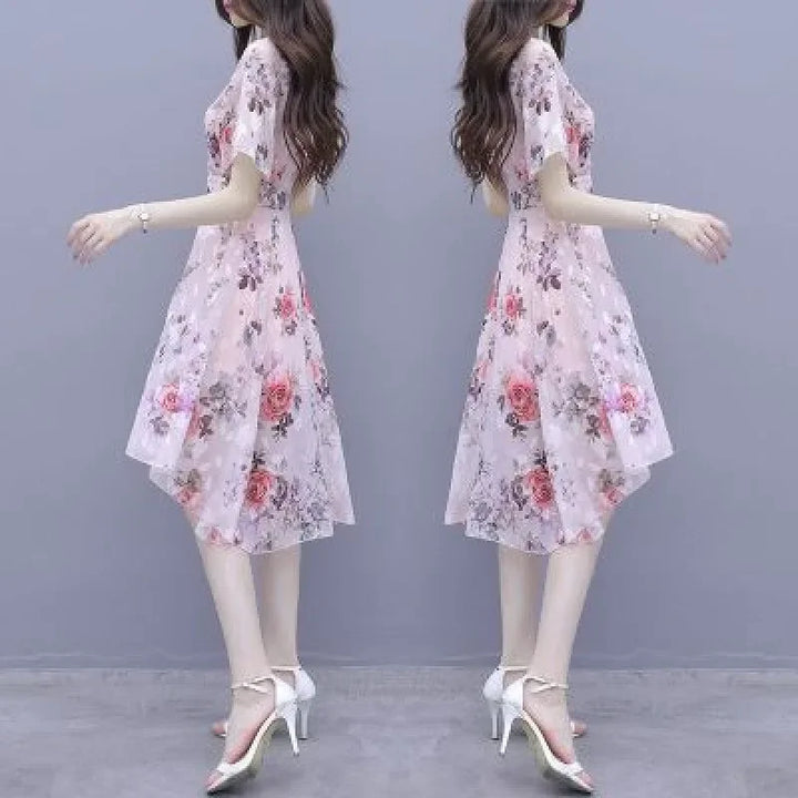 Robe Asymétrique Fleurie Japonaise Rose