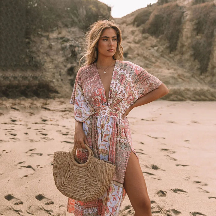 Robe Kimono de Plage Rose Boho Doux