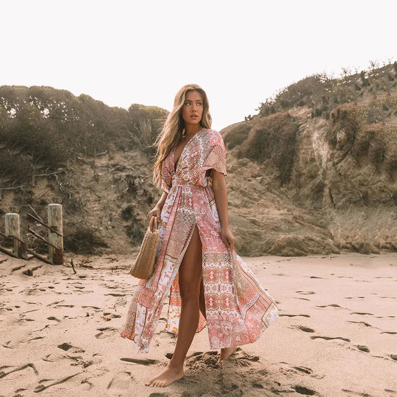 Robe Kimono de Plage Rose Boho Unique