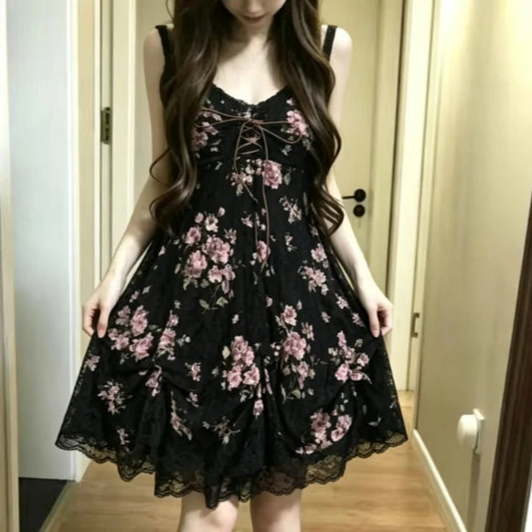 Robe d’Eté Japonaise Fleurie Noir