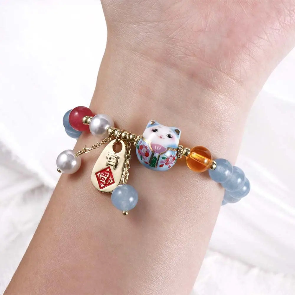 Bracelet japonais Perle Agate Pendentif chat