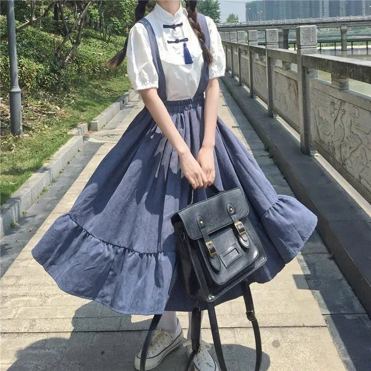 Jupe Japonaise à Bretelles Vintage Bleu