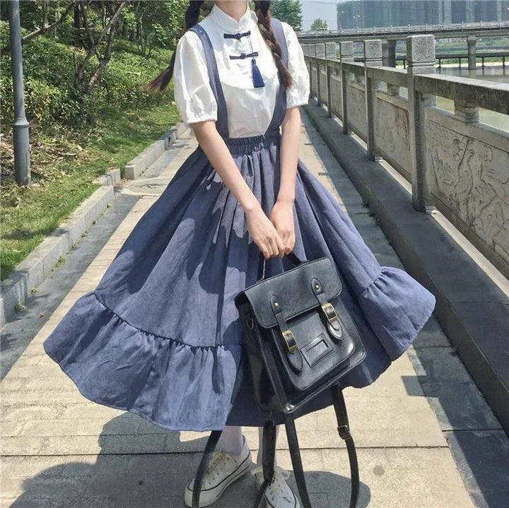 Jupe Japonaise à Bretelles Vintage Bleu