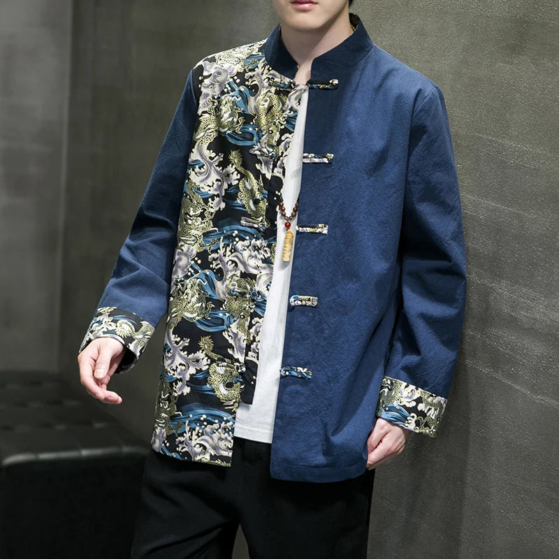 Veste Costume Kimono Homme Motifs Vague de Kanagawa bleu 