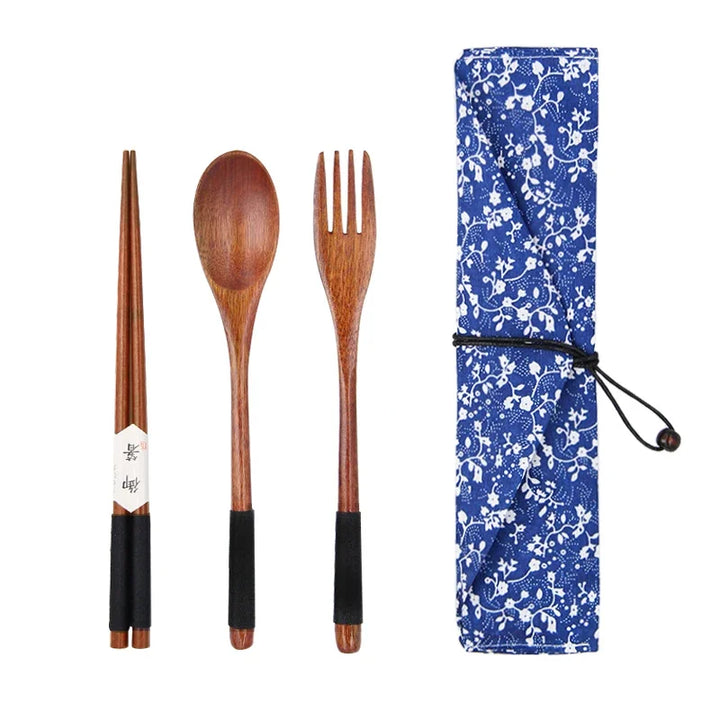 Couverts en bois portables japonais bleu