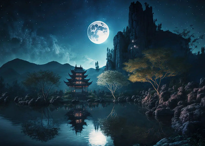 Tableau Paysage Japonais temple de nuit