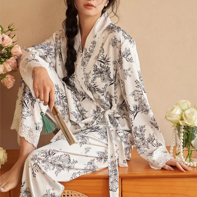 Ensemble Pyjama Kimono Femme Noir et Blanc longue
