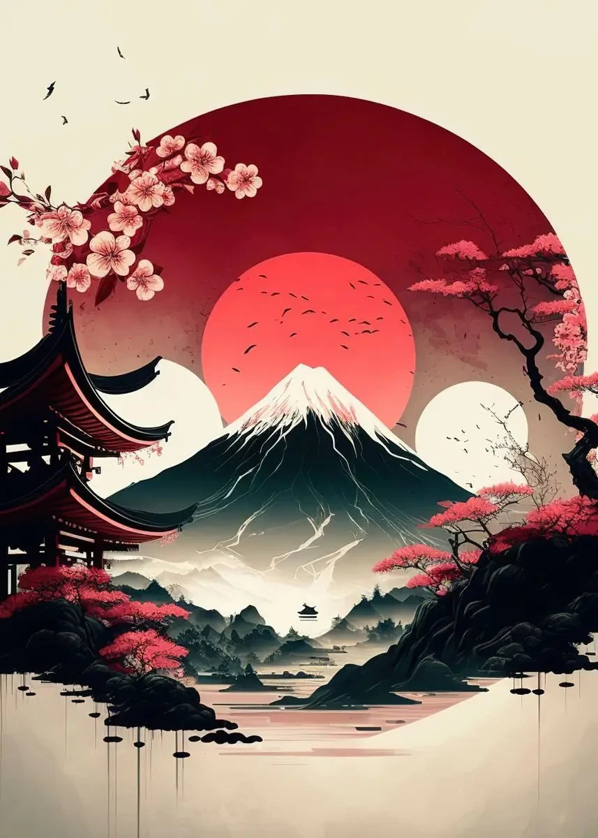 Tableau Japonais Mont Fuji couché de soleil rouge