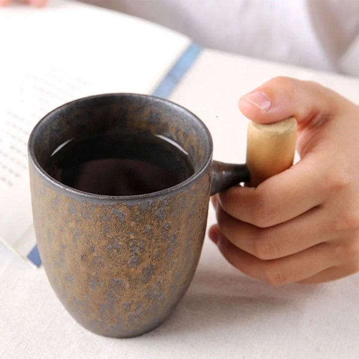 Japanese mug with wooden handle