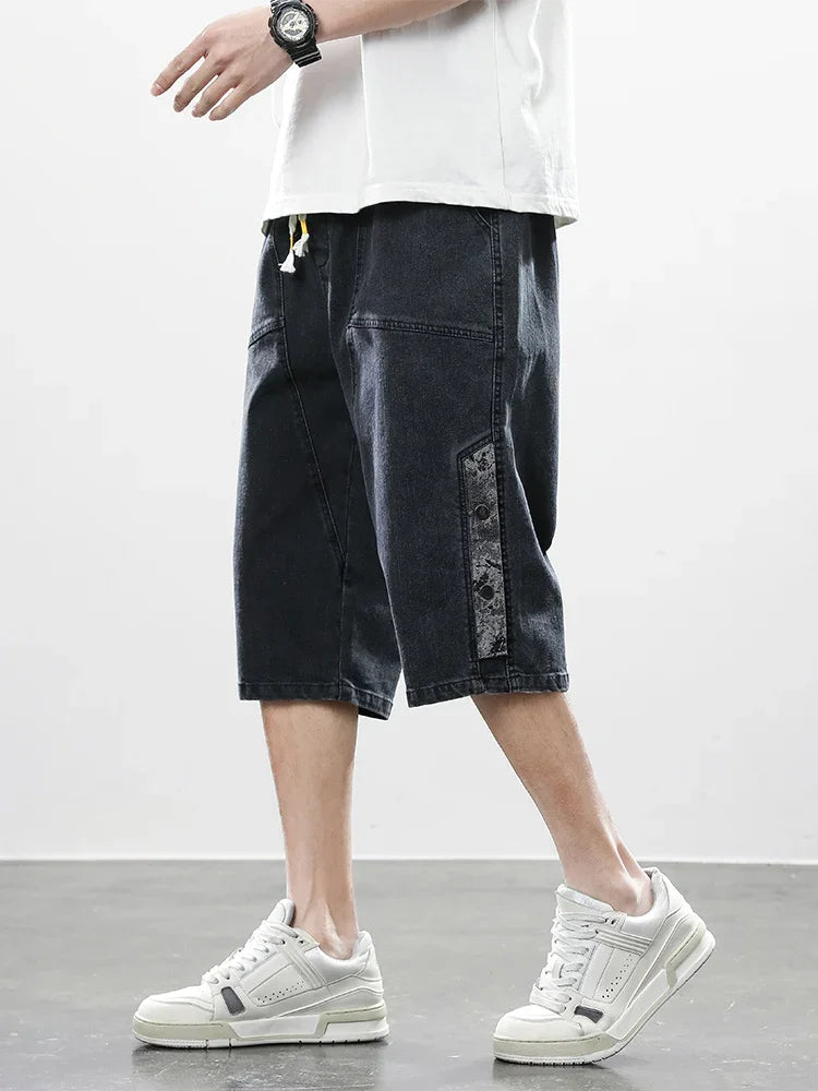 Pantalon Court Japonais Décontracté en Jean Noir