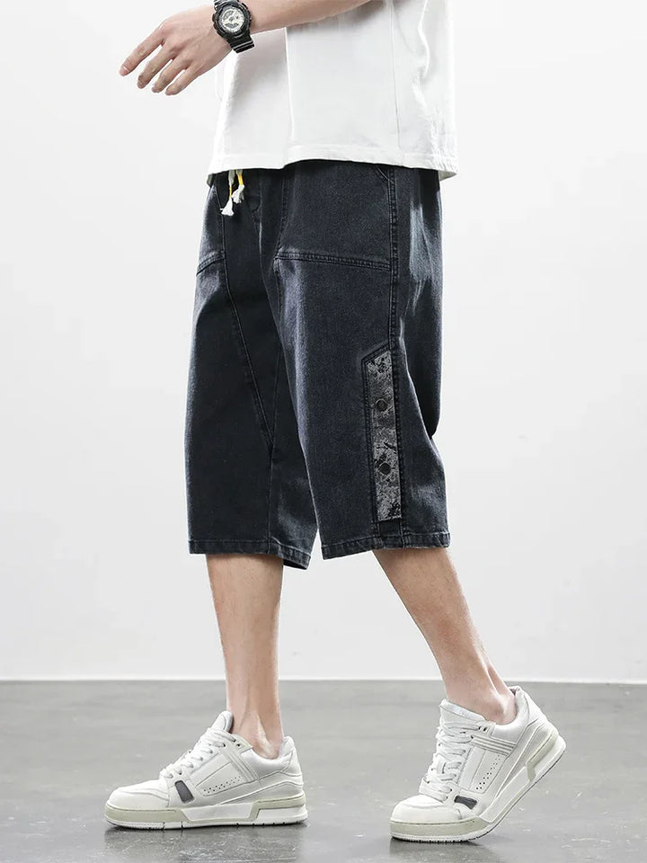 Pantalon Court Japonais Décontracté en Jean Noir