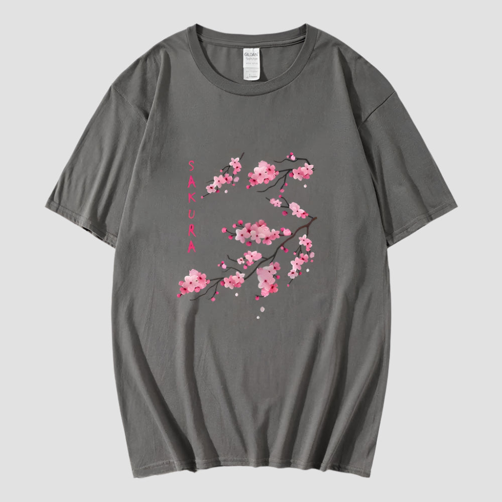 T-shirt Japonais Fleurs de Sakura Gris Foncé