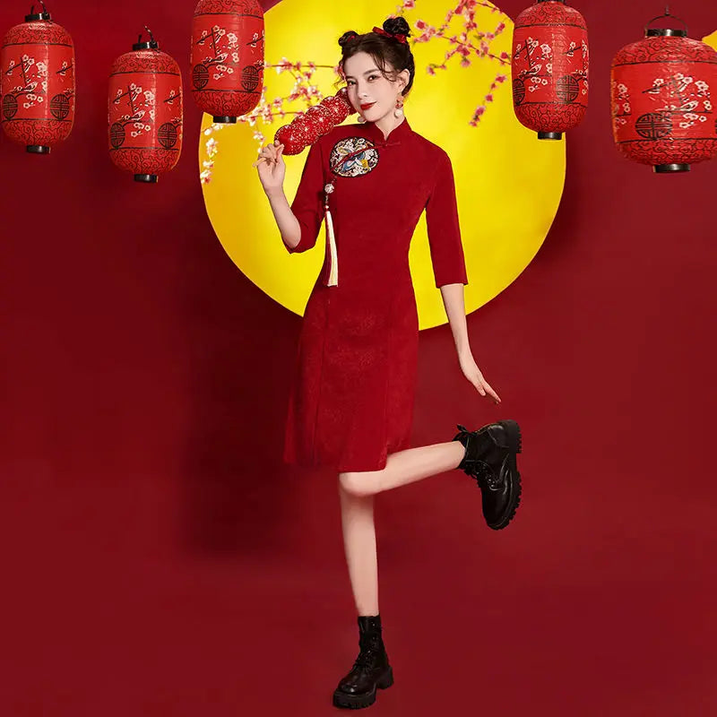 Robe Japonaise Moderne Courte Rouge