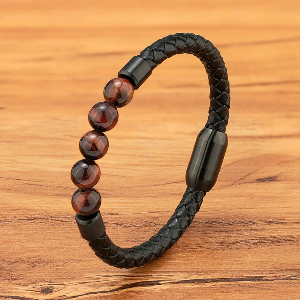 Bracelet Japonais cuir tressé pierre œil de tigre