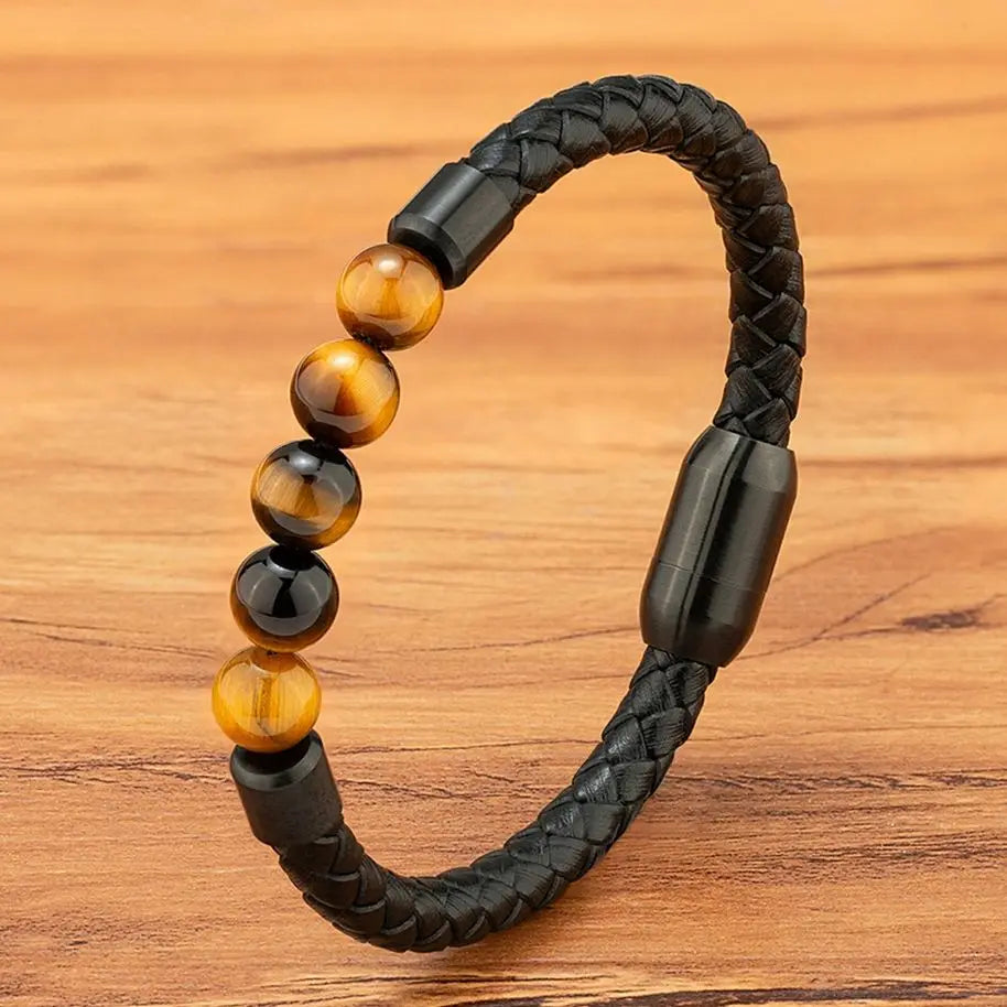 Bracelet Japonais cuir tressé pierre œil de tigre