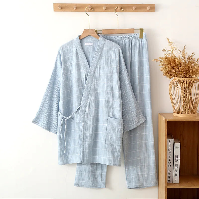 Jinbei Homme à Carreaux Bleu Clair