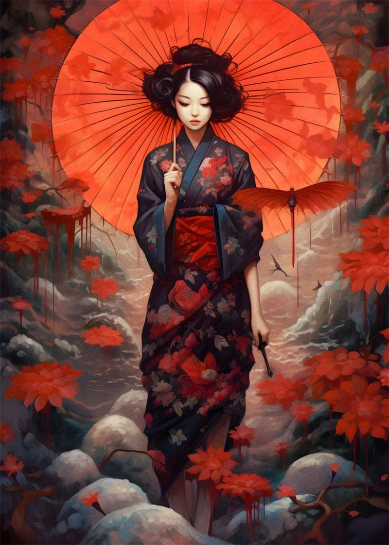 Tableau Japonais Geisha rouge