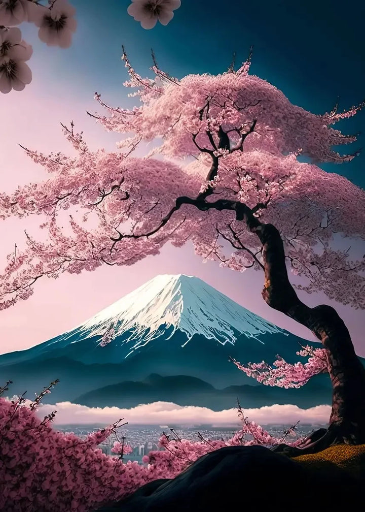 Tableau Japonais Mont Fuji arbre rose