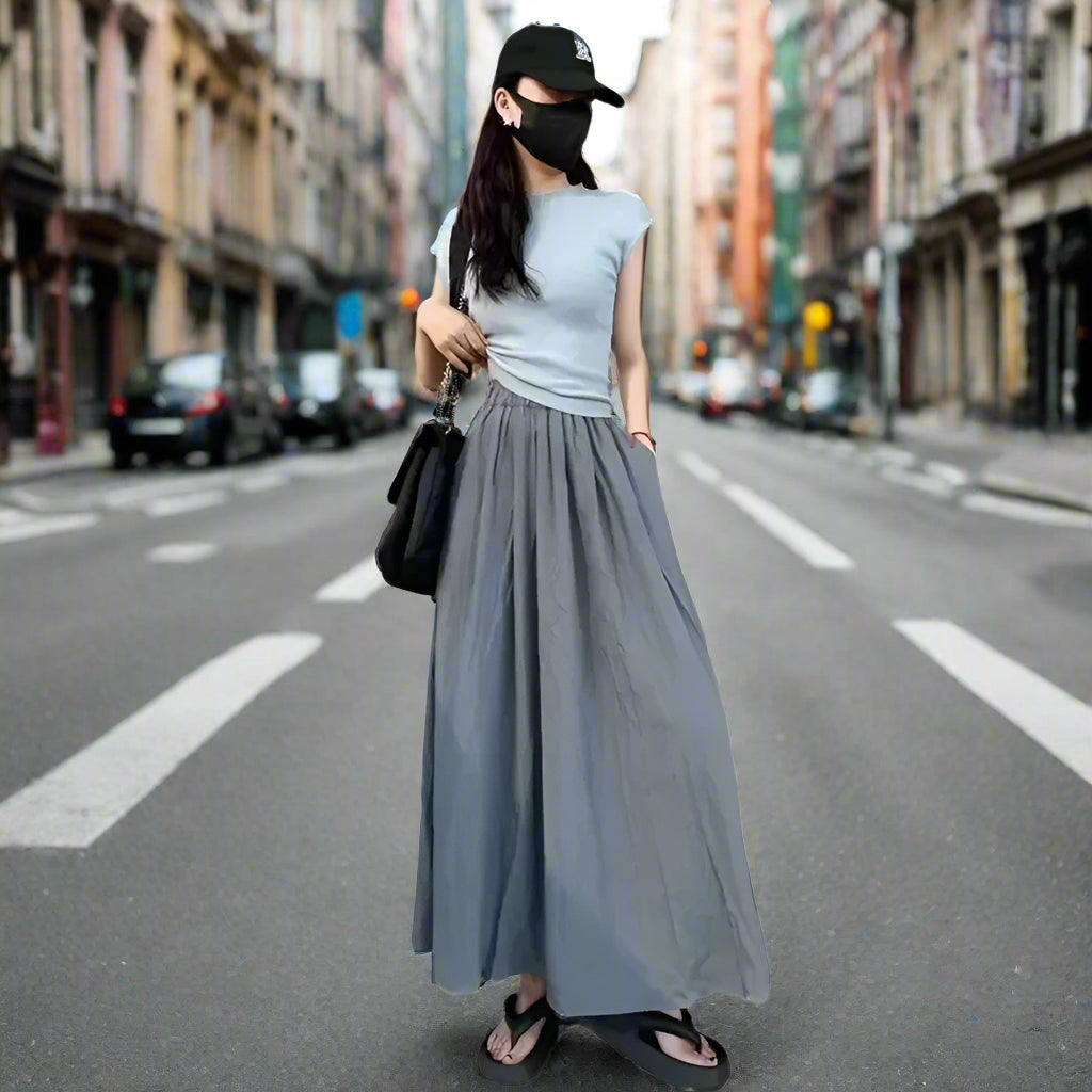 Jupe Japonaise Mi-longue Ample Gris