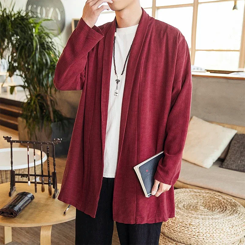 Kimono Homme Décontracté – Soie Glacée, Manches 3/4, Ouvert Devant – Pour Quotidien, Plage, Sortie