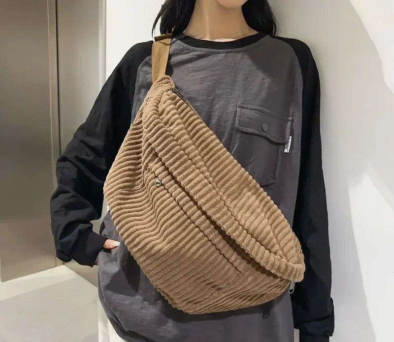 Grand Sac Banane Japonais en Velours Côtelé Marron