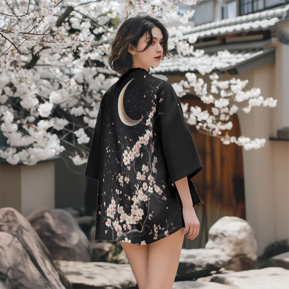 Veste Kimono Japonaise Femme Noir Sakura