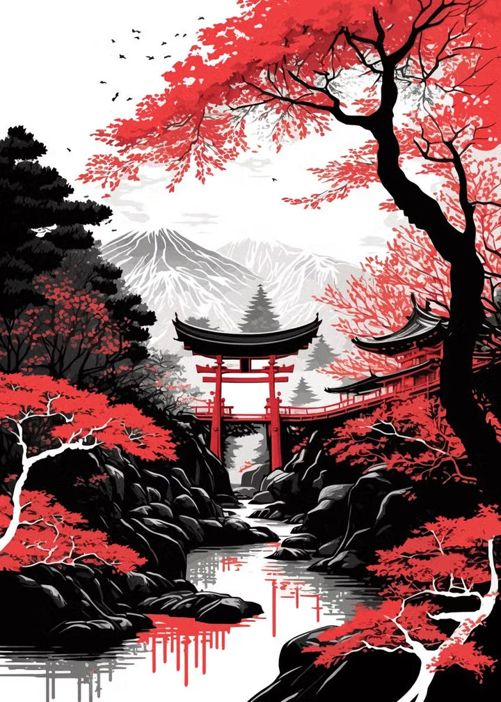 Tableau Japonais Temple et Montagnes beau