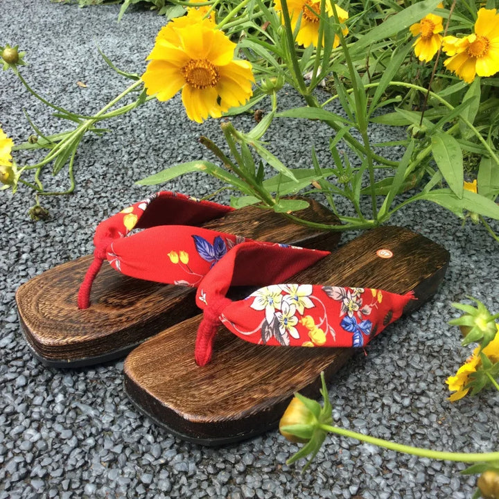 Sandales Geta Japonaise Plates Fleuries Rouge