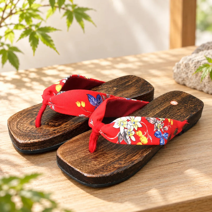 Sandales Geta Japonaise Plates Fleuries Rouge