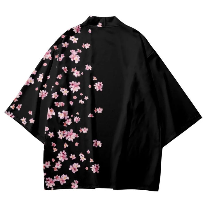 Veste Kimono Femme Noir Fleuri Traditionnelle