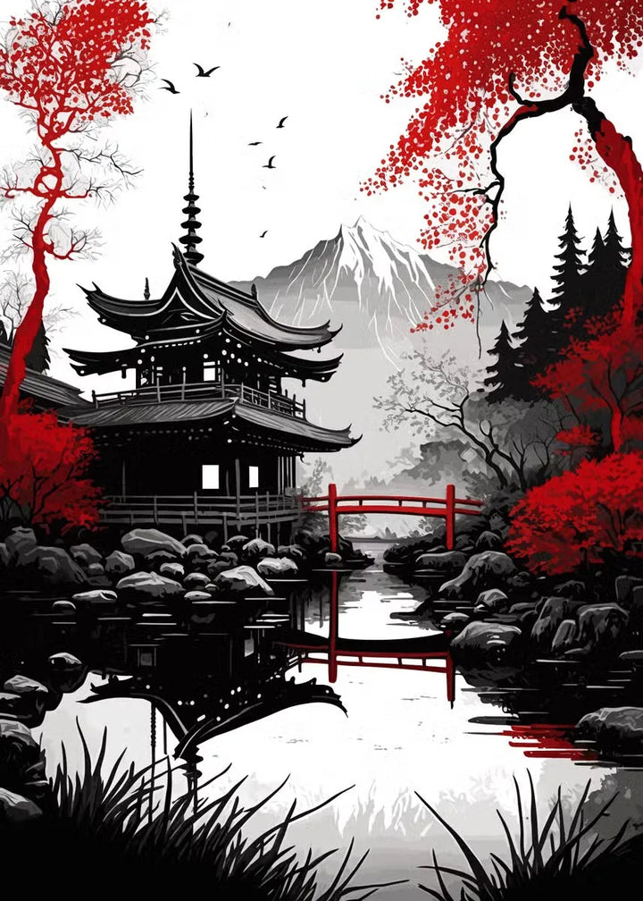 Tableau Japonais Temple et Montagnes arbres