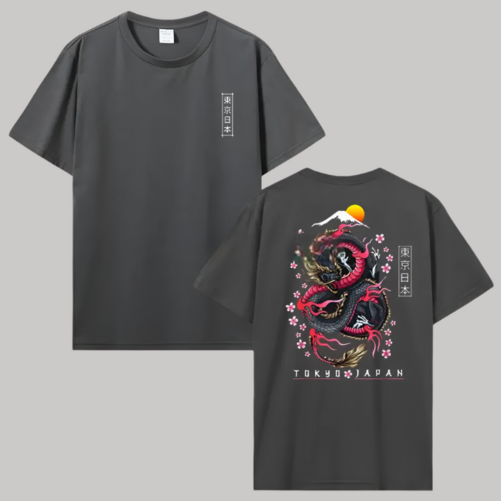 T-shirt Japonais Dragon Fleurs de Cerisier Gris