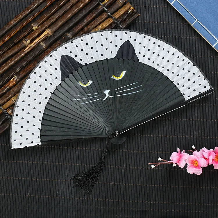 Éventail Japonais Chat Noir