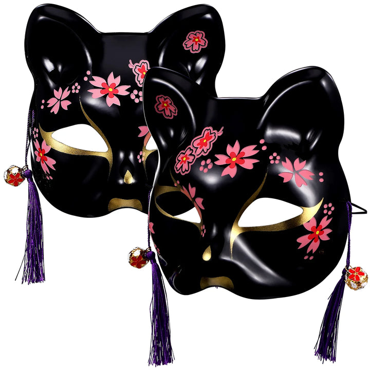 Masque Japonais Chat Noir avec fleurs Sakura